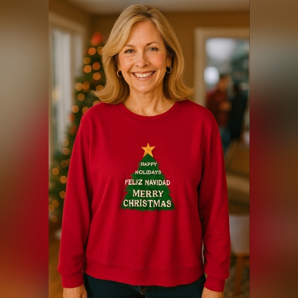Rebecca Malone Womens Large Red Christmas Tree Sweatshirt Feliz Navidad VTG 90s